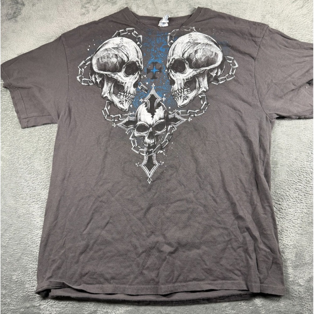 Men's XL Skull Graphic T Shirt Gray Chains Cross Gothic Biker Y2K Style